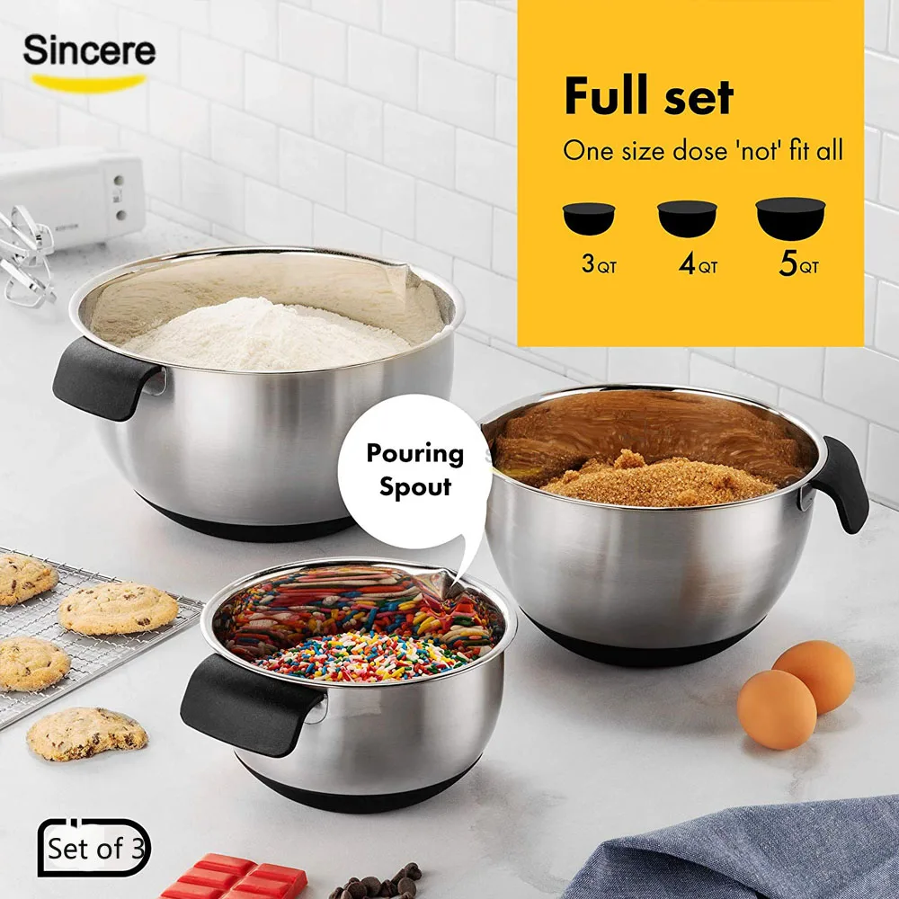 amazon hot sell stainless steel mixing bowl set with handle non