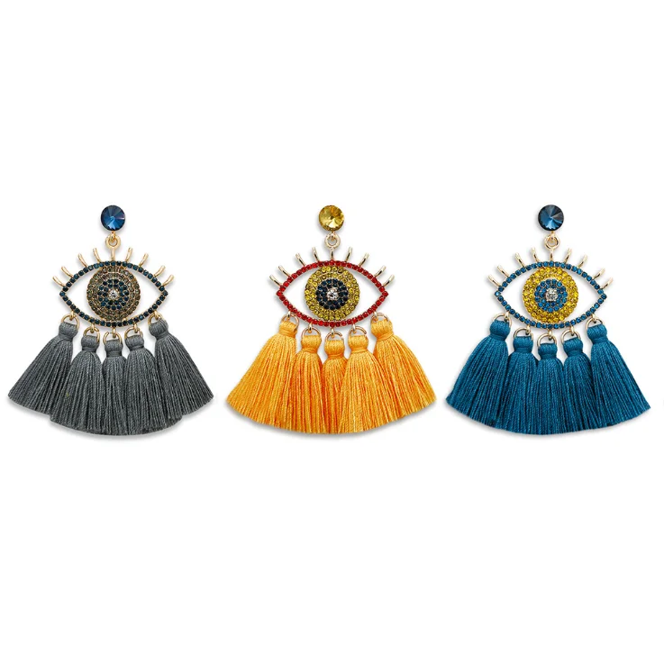 Fashion cotton thread rhinestone ladies earring bohemian women crystal alloy evil eyes tassel earring
Fashion cotton thread rhinestone ladies earring bohemian women crystal alloy evil eyes tassel earring