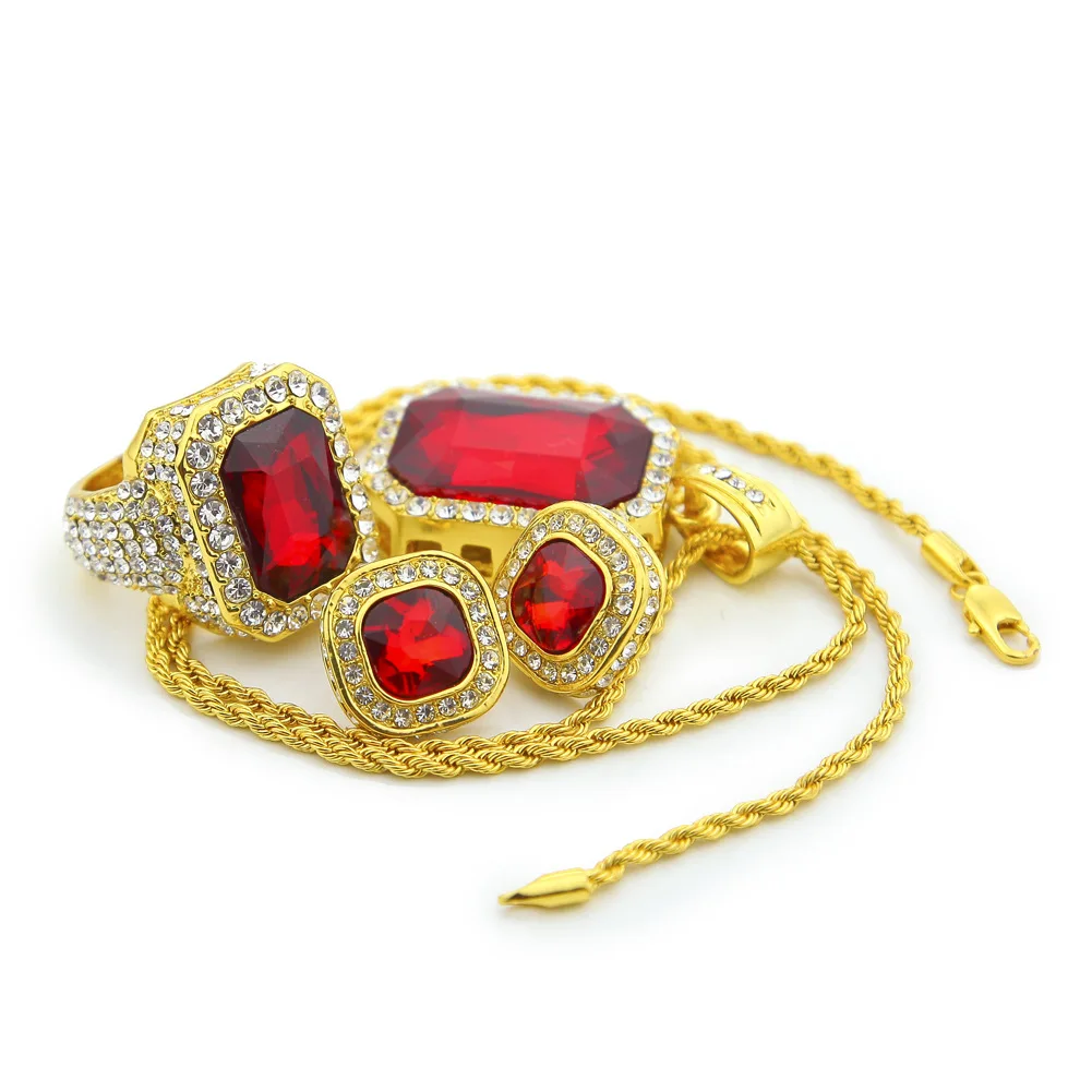 Hip hop Jewelry Set Long Chain Necklace With Big Pendant+Red Gemstone Earrings+Bling Bling Ring For Men
Hip hop Jewelry Set Long Chain Necklace With Big Pendant+Red Gemstone Earrings+Bling Bling Ring For Men