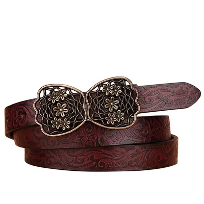 1.8cm width flower logo bead western name plate buckle very strong vintage look leather belt women girl