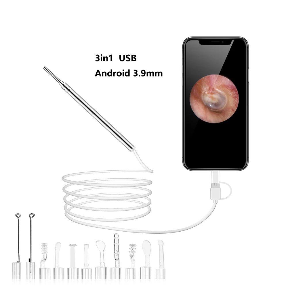

Ear Wax Remover Tool Ear Cleaner 3 in 1 3.9MM 2.0MP Ear Endoscope IP67 Waterproof Camera with 6 LED for OTG Android Micro USB PC, Silver