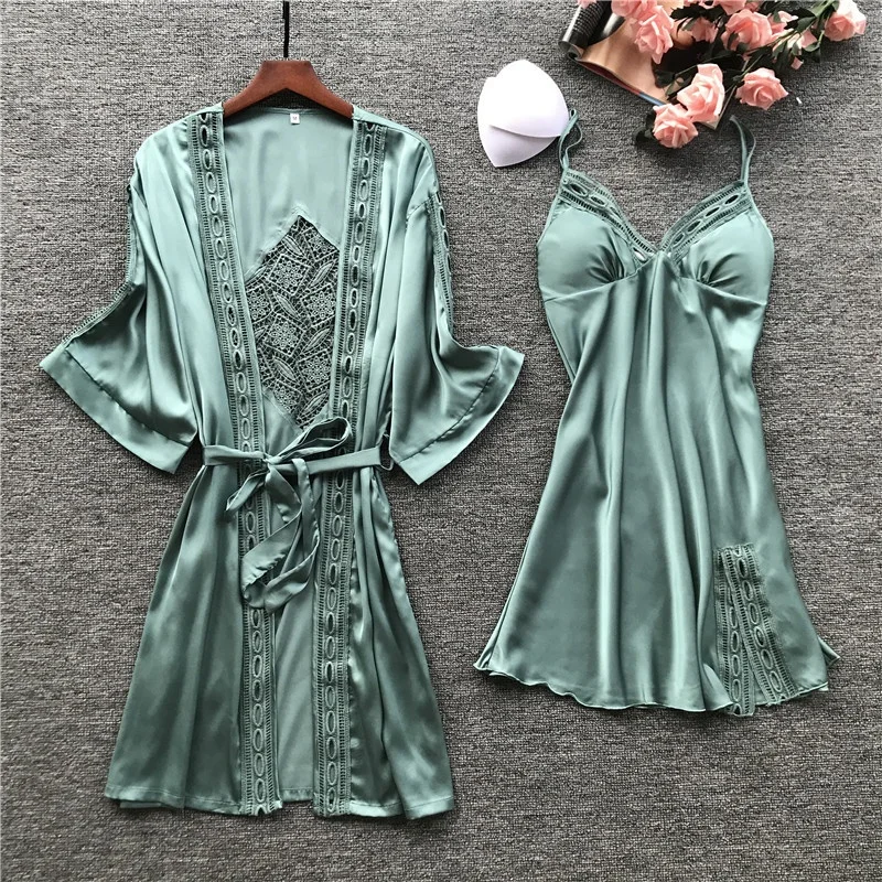Sexy Fashion Pajamas Woman Robe Set Ice Silk Long Sleeve Pijama 2 Pcs Solid Color Design With Chest Pad Sleepwear 
Sexy Fashion Pajamas Woman Robe Set Ice Silk Long Sleeve Pijama 2 Pcs Solid Color Design With Chest Pad Sleepwear