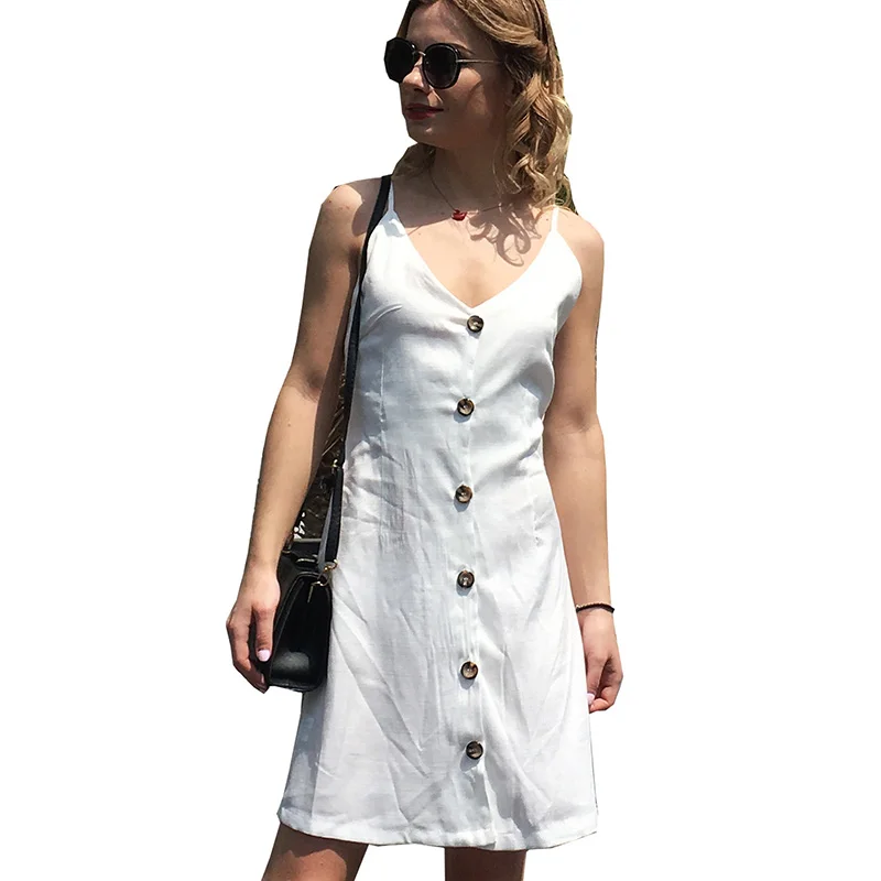 Women Summer Sexy Sling Solid Color Button Down V Neck Back Tie Sleeveless Casual Mini Dress, Blue, scarlet, white, army green, yellow
Women Summer Sexy Sling Solid Color Button Down V Neck Back Tie Sleeveless Casual Mini Dress, Blue, scarlet, white, army green, yellow