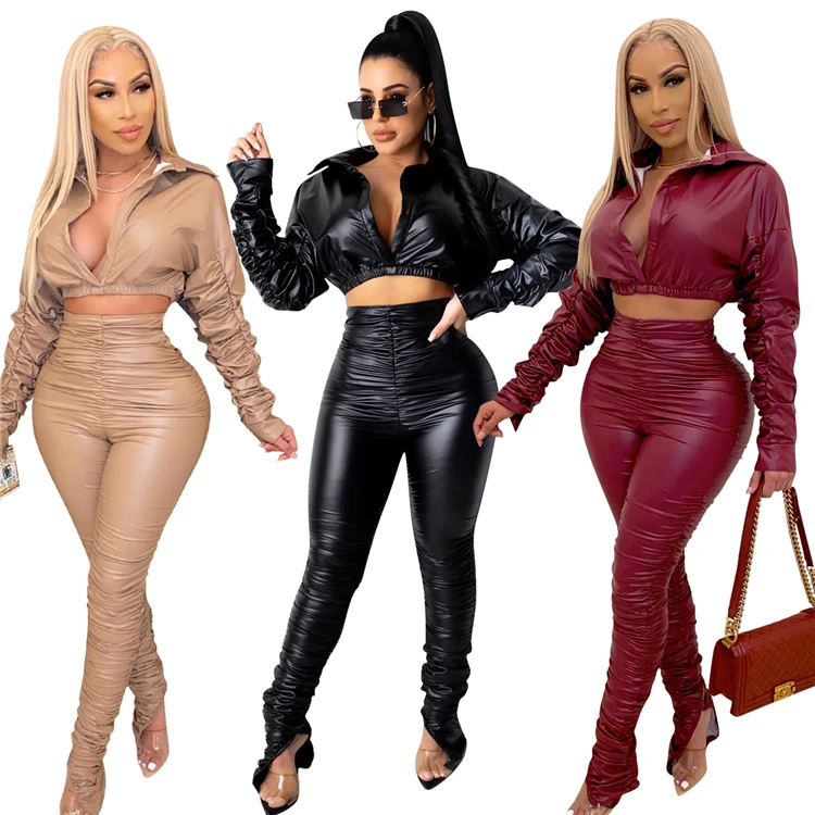 Fashion Casual Solid Color Pu Folds Custom Women 2 Piece Sets Leather Two Piece Set For Women Crop Top 2 Piece Women Set
Fashion Casual Solid Color Pu Folds Custom Women 2 Piece Sets Leather Two Piece Set For Women Crop Top 2 Piece Women Set