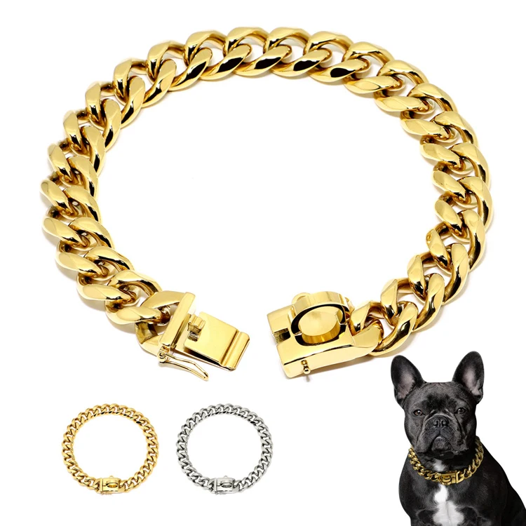 

Gold Chain Dog Collar Gold Hardware Heavy Duty Stainless Steel Pet Cuban Link Pitbull Chain Leash Set Pet Collars Leashes