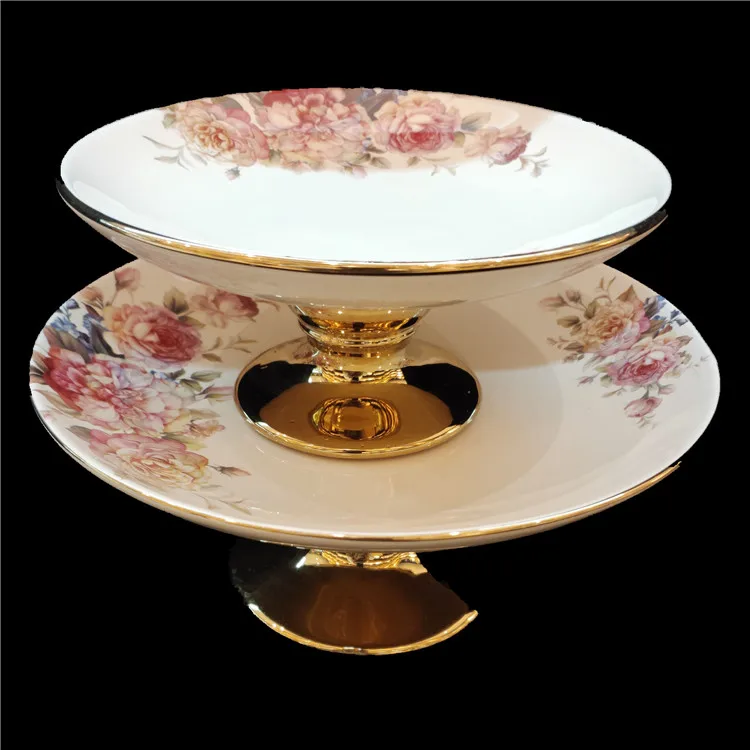 White gold plate for home or hotel use round ceramic fruit plate with tall foot