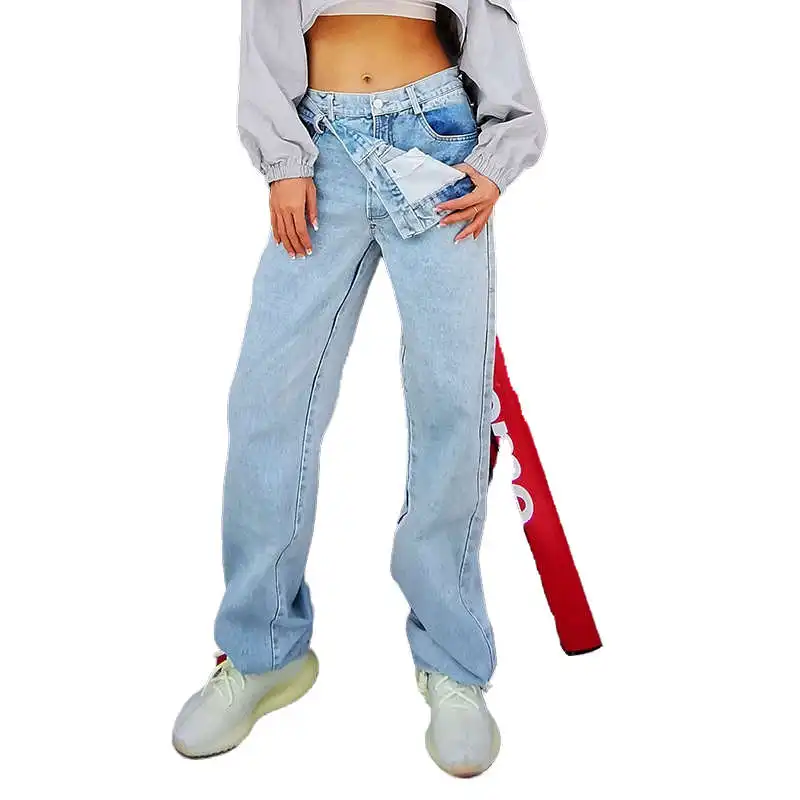 New fashion street style personality double-layer side button high waist straight wide leg all-match women's jeans, Blue
New fashion street style personality double-layer side button high waist straight wide leg all-match women's jeans, Blue