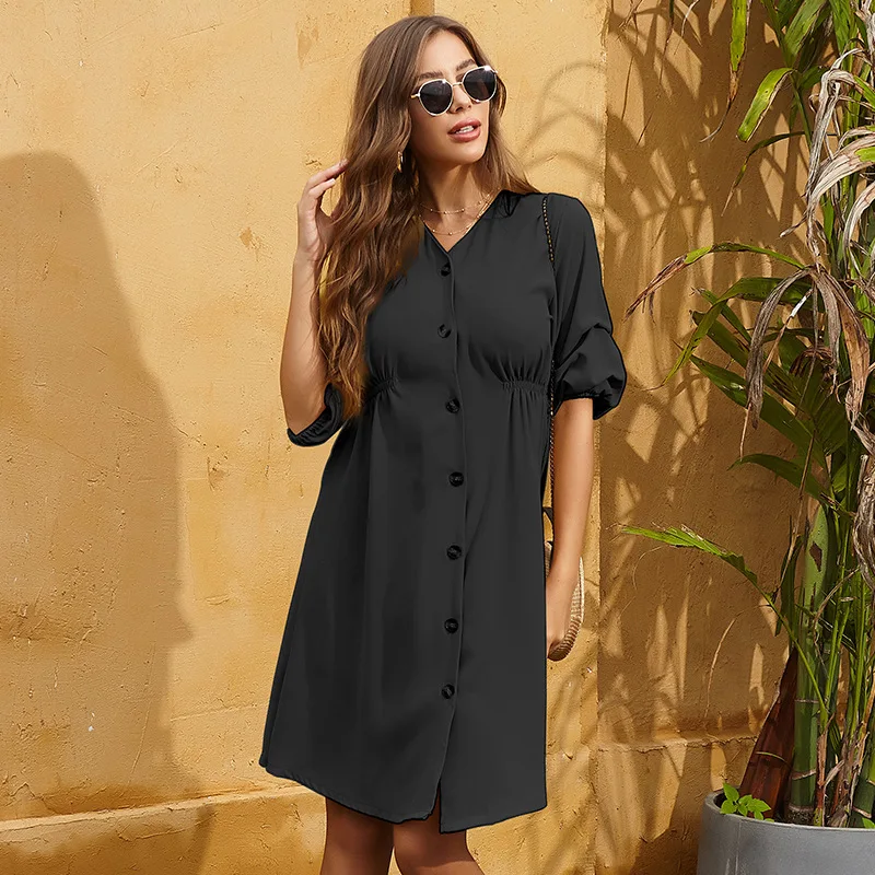 2021 New Style women's Bubble Sleeve Single-breasted Pleated V Neck Shirt Dress with Button
2021 New Style women's Bubble Sleeve Single-breasted Pleated V Neck Shirt Dress with Button