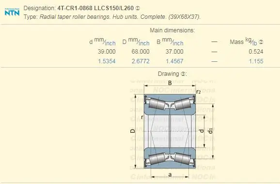 NTN Automotive Bearing 4T CRI 0868LLCS150 L260 39x68x37mm Wheel Bearing