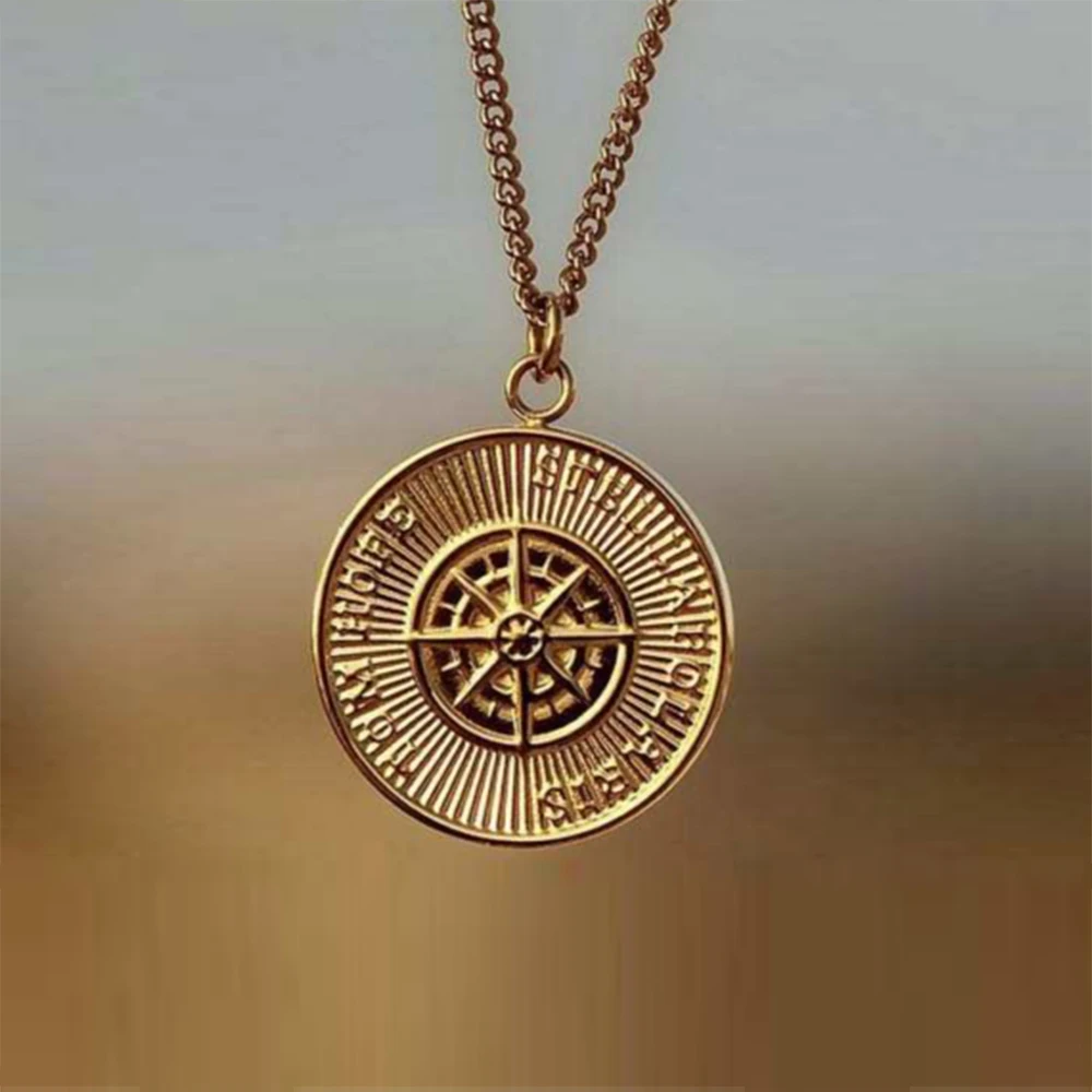 

18K Gold Plated Faith Jewelry Coin Disc Compass North Star Men Pendant Necklace, Gold,steel