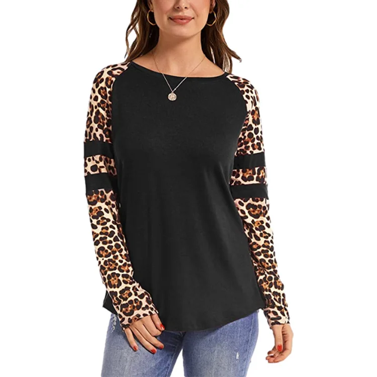 Crew neck leopard printing casual loose contrast color long-sleeved bottoming shirt
Crew neck leopard printing casual loose contrast color long-sleeved bottoming shirt