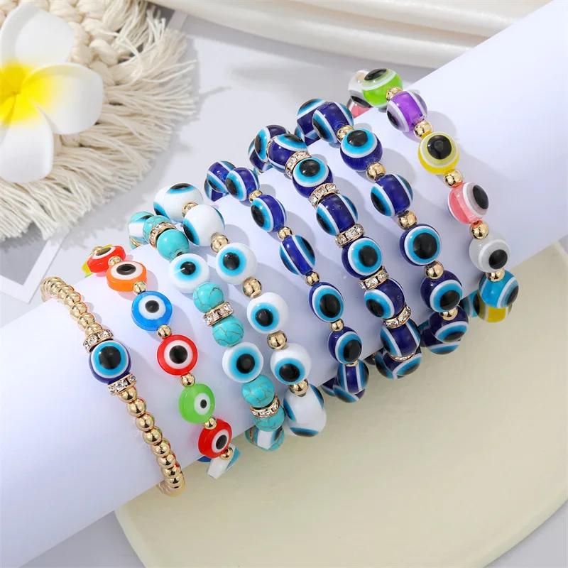 European Vintage 8 Styles Resin Turkish Blue Eyes Beaded Bracelet Colorful Acrylic Crystal Evil Eyes Charm Bracelets For Women
European Vintage 8 Styles Resin Turkish Blue Eyes Beaded Bracelet Colorful Acrylic Crystal Evil Eyes Charm Bracelets For Women