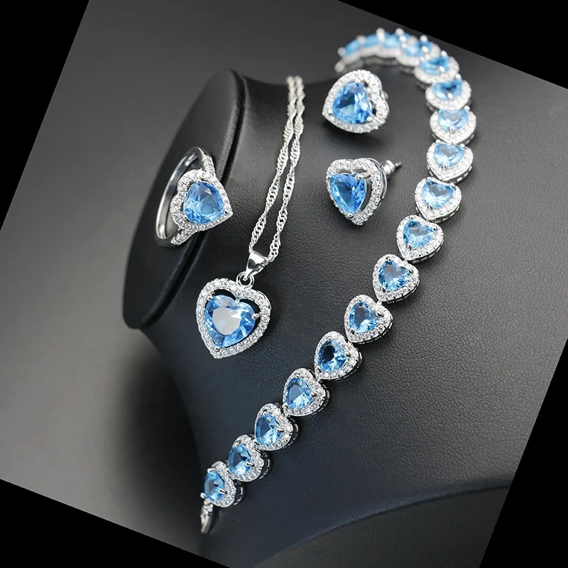 Women Heart Love Sky Blue Crystal White Zircon Rings necklace earrings Pendant Romantic jewelry sets, Customized color
Women Heart Love Sky Blue Crystal White Zircon Rings necklace earrings Pendant Romantic jewelry sets, Customized color