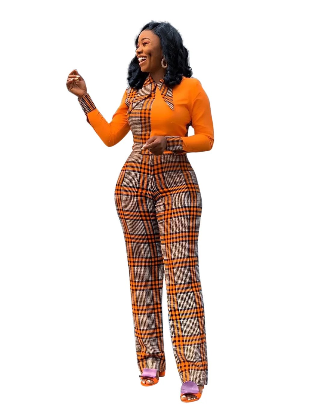 European and American Plus Size women's clothing temperament plaid long sleeves jumpsuit, Picture color
European and American Plus Size women's clothing temperament plaid long sleeves jumpsuit, Picture color