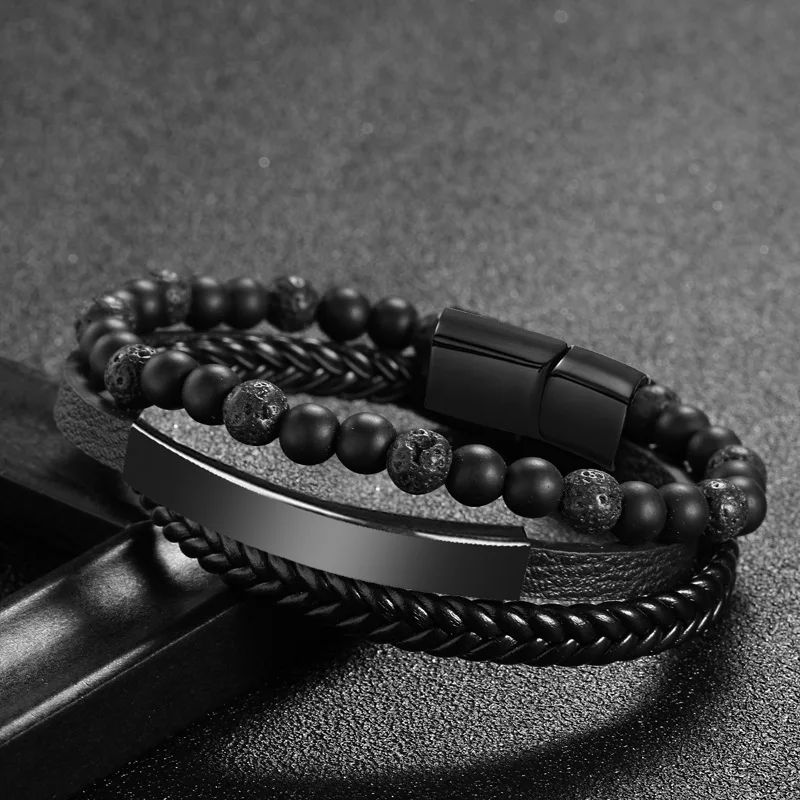 

YD Men Jewelry Multilayer Stainless Steel Magnetic Clasp real Leather Bracelets true Leather Lava Volcanic Bead Bracelet