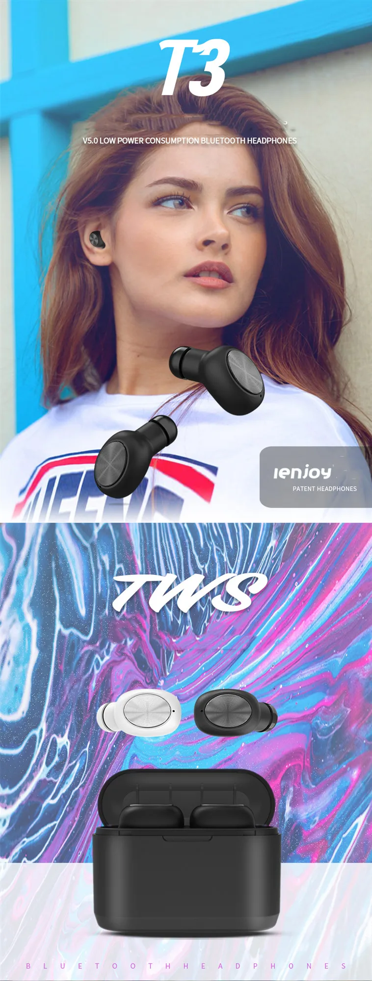 Full wireless headset IPX5 waterproof earphone wireless sport bluetooth headset
