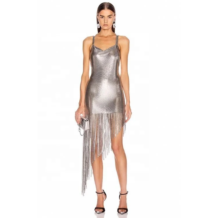 

SHIHAN D215272 2021 Gold Silver Chain Suspender Party Metal Mesh Dress club sequin tassel sexy dresses women