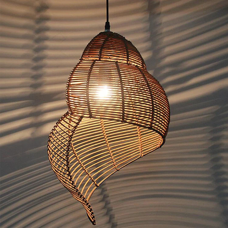 Sea snail shape natural handmade rattan woven E27 LED wooden chandelier for restaurant pendant light