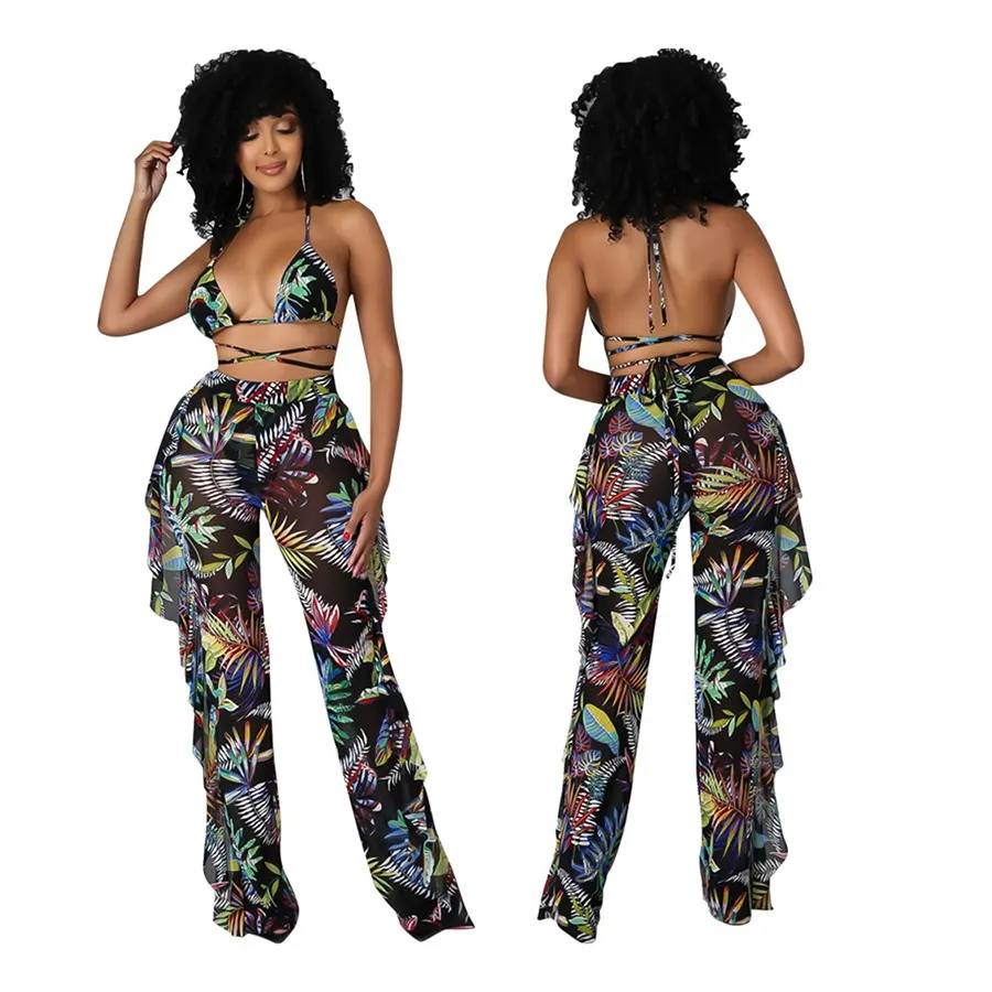 Foma LS6449 summer 2021 women beachwear leaf digital printing mesh sexy ladies top and ruffle pants three 3 piece set swimsuit, 1 color 
Foma LS6449 summer 2021 women beachwear leaf digital printing mesh sexy ladies top and ruffle pants three 3 piece set swimsuit, 1 color