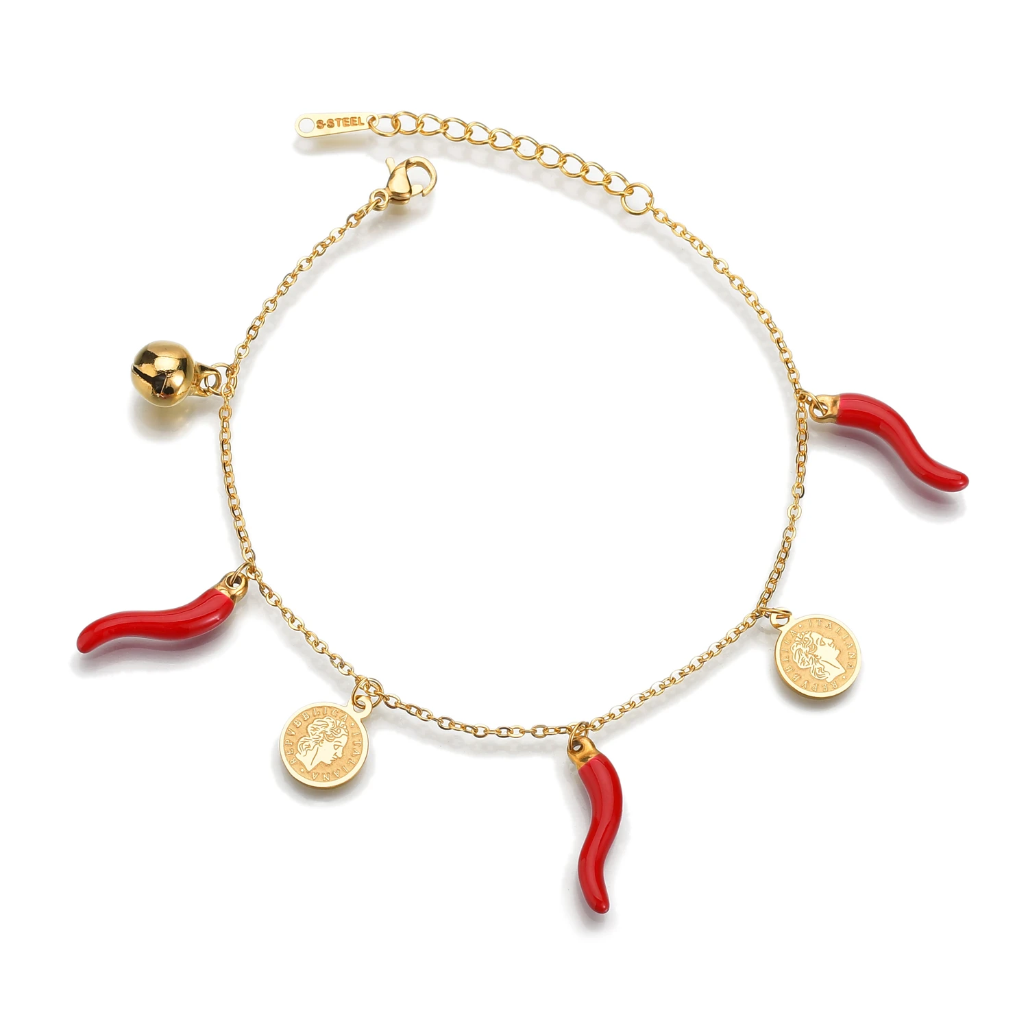 Women's new creative multiple small red pepper bracelet stainless Steel Bell Queen Head Coin Bracelet
Women's new creative multiple small red pepper bracelet stainless Steel Bell Queen Head Coin Bracelet