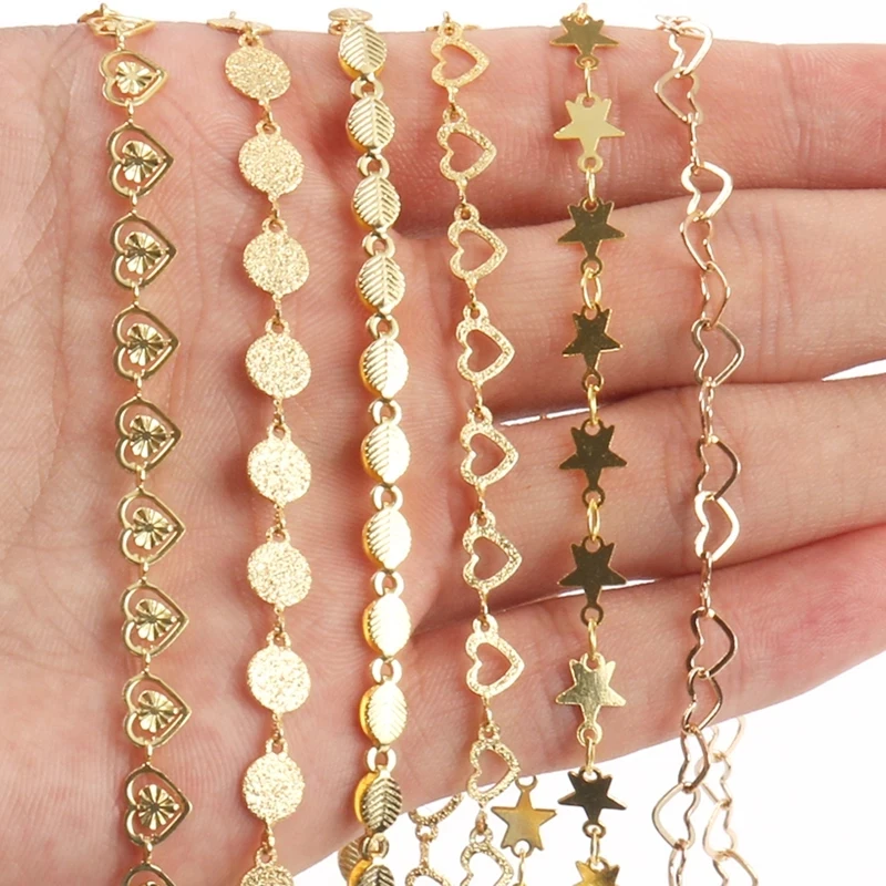 

1M Gold Color Hollow Heart/Leaves Copper Rosary Chain Brass Beading Chains for Jewelry Making DIY