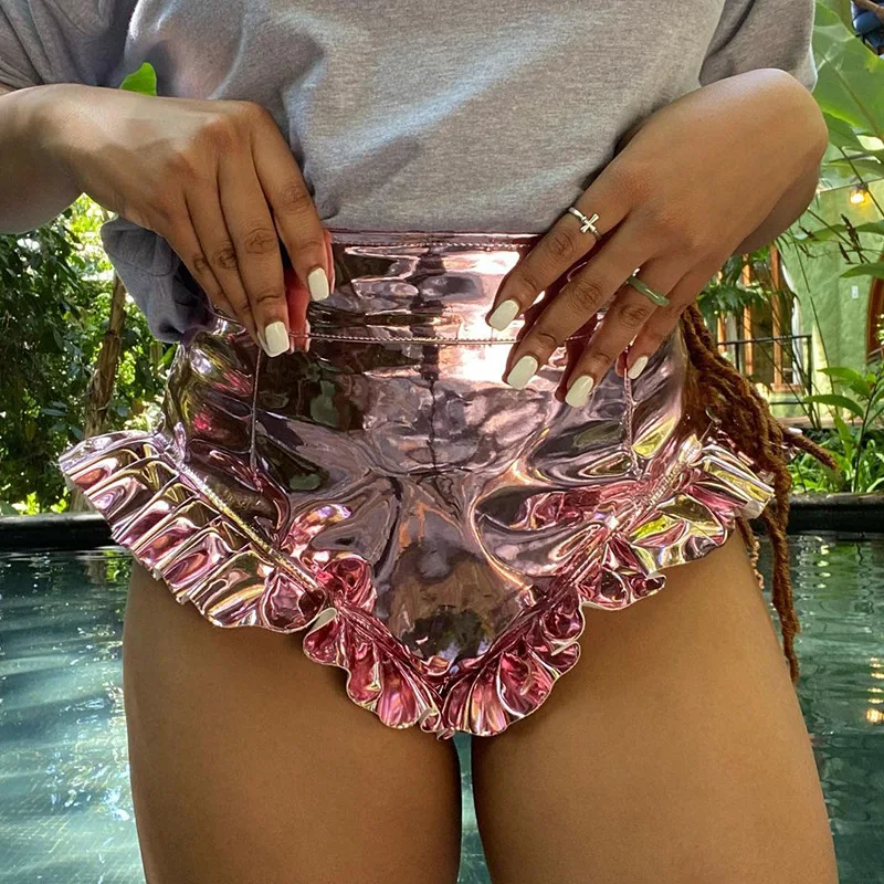 Women Shiny Metallic Shorts Summer High Waist Solid Color PU Leather Ruffle Trim Short Pants
Women Shiny Metallic Shorts Summer High Waist Solid Color PU Leather Ruffle Trim Short Pants