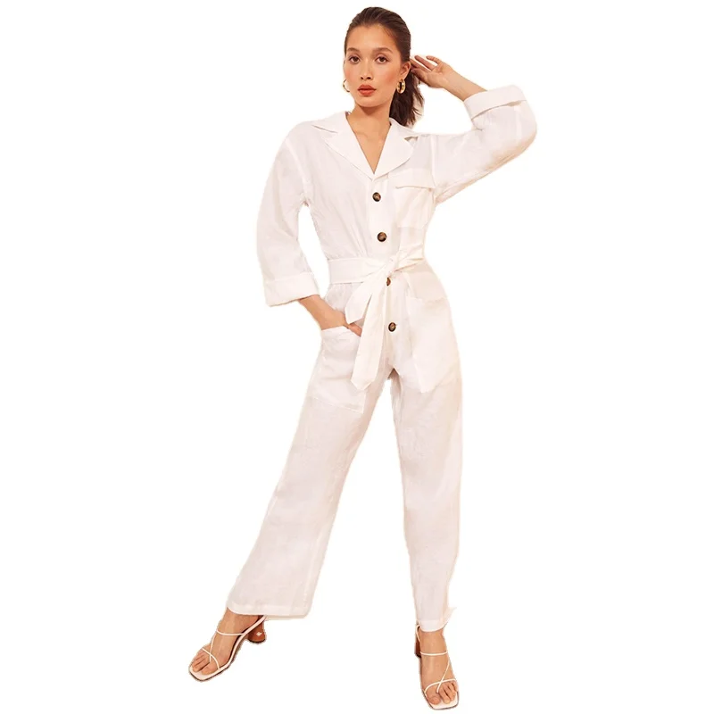 Center Front Buttons Long Sleeves White Linen Jumpsuit for Ladies, Shown or customized
Center Front Buttons Long Sleeves White Linen Jumpsuit for Ladies, Shown or customized