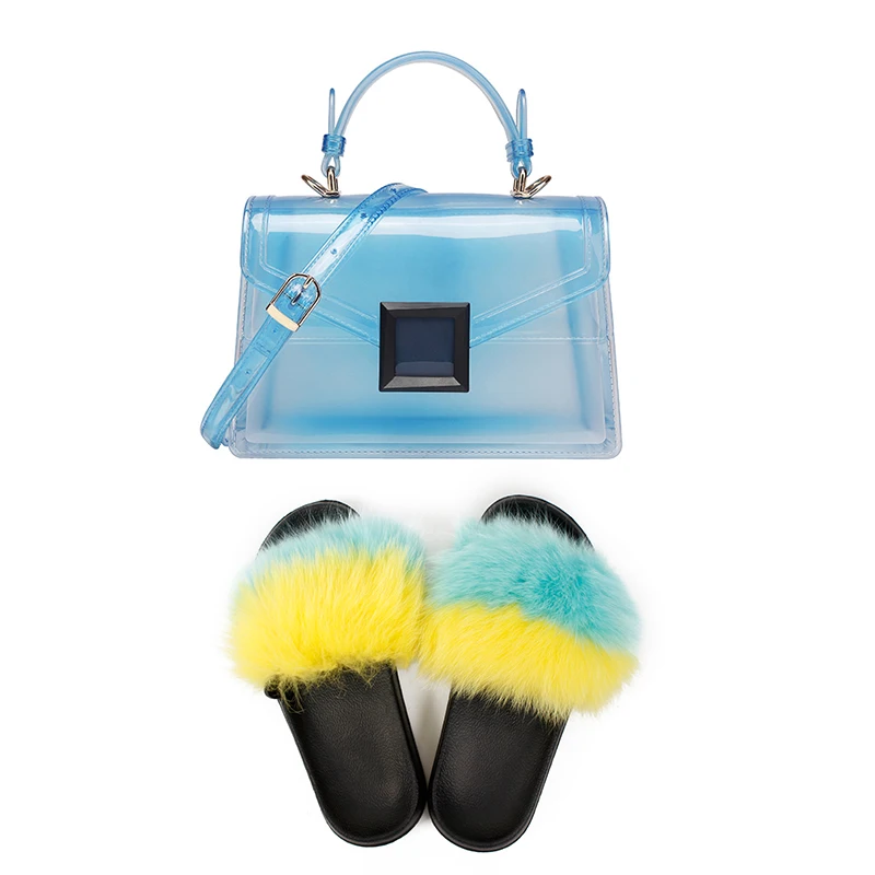 Wholesale Hot Sale Rainbow Fur Slippers Fluffy Real Fox Fur Sandals Pvc Clear Jelly Purse Handbag Fur Slides Sets
Wholesale Hot Sale Rainbow Fur Slippers Fluffy Real Fox Fur Sandals Pvc Clear Jelly Purse Handbag Fur Slides Sets