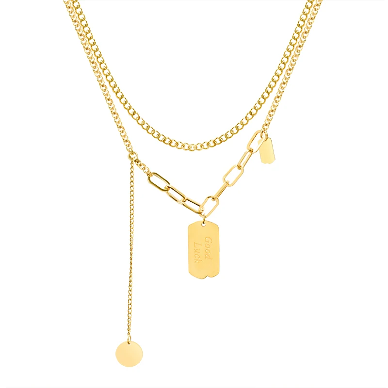 Stainless steel hip hop personality geometric chain metal round double - layer necklace jewelry woman 
Stainless steel hip hop personality geometric chain metal round double - layer necklace jewelry woman