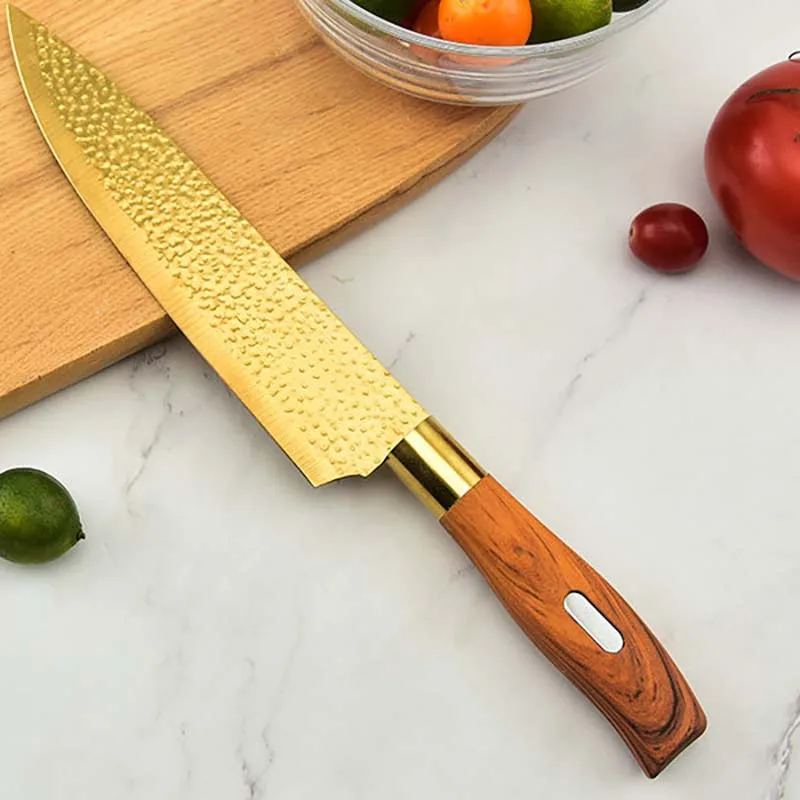 6-Piece Knife Set with Hammered Gold Plated Wood Grain Covered Handle Kitchen Knife Set
6-Piece Knife Set with Hammered Gold Plated Wood Grain Covered Handle Kitchen Knife Set
