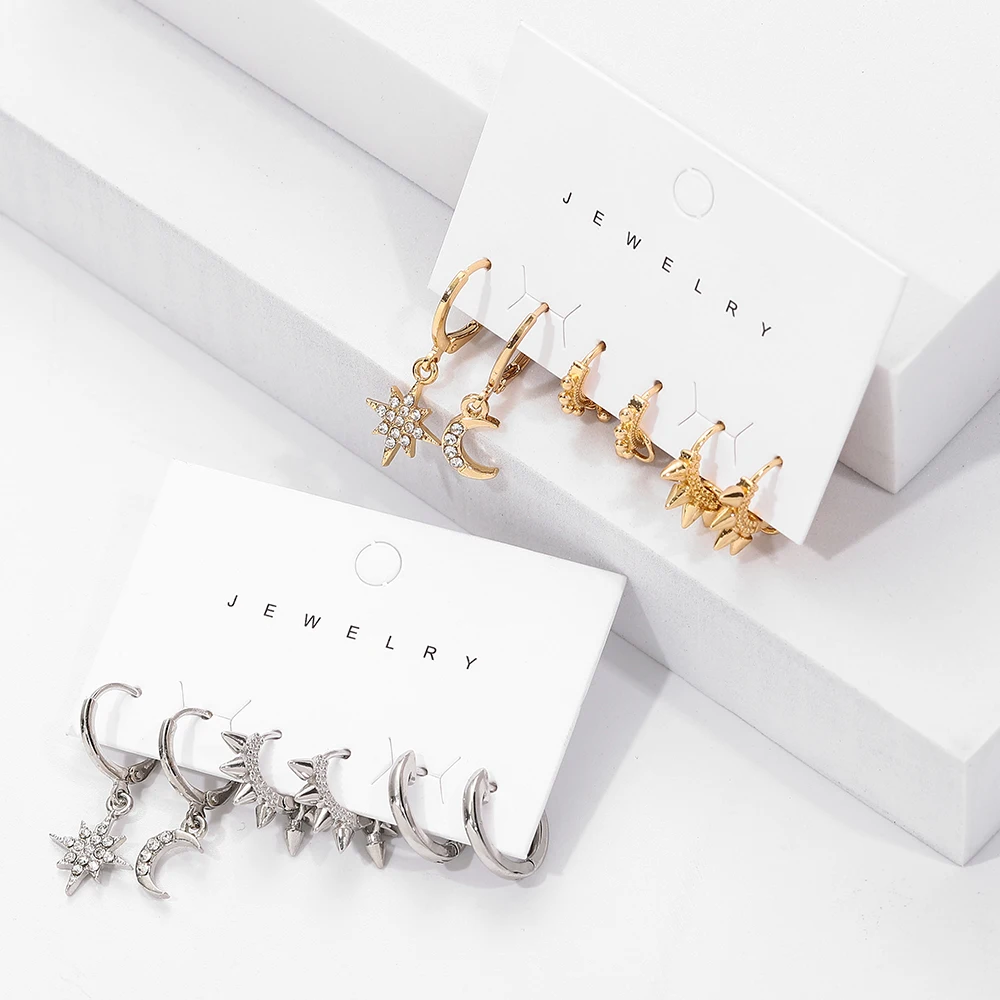 6 pieces New Arrival Fashion Classic Geometric Women Dangle Earrings Asymmetric Earrings Of Star And Moon Female Korean Jewelry, Gold color
6 pieces New Arrival Fashion Classic Geometric Women Dangle Earrings Asymmetric Earrings Of Star And Moon Female Korean Jewelry, Gold color