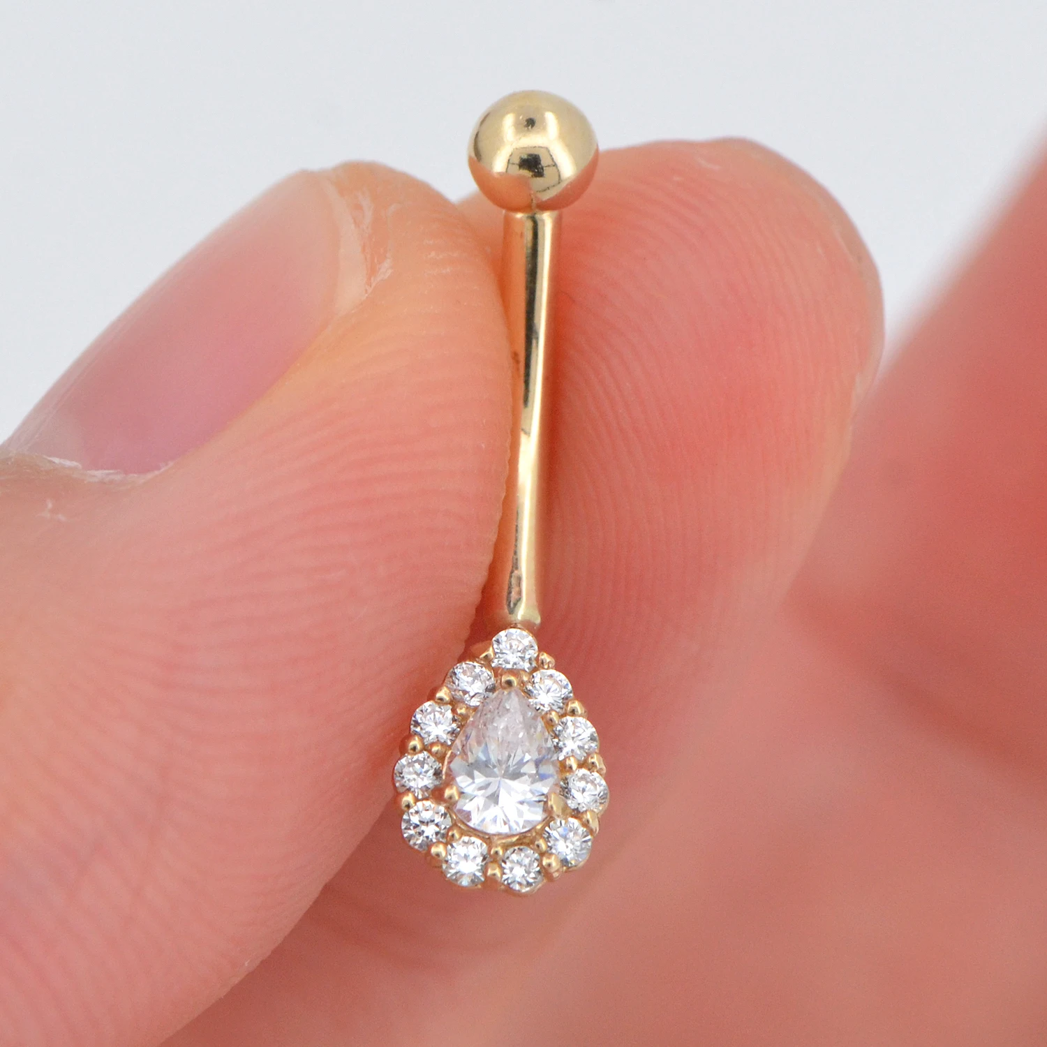 Kt Solid Yellow Gold Navel Ring Teardrop Cz Pronged Kt Solid White