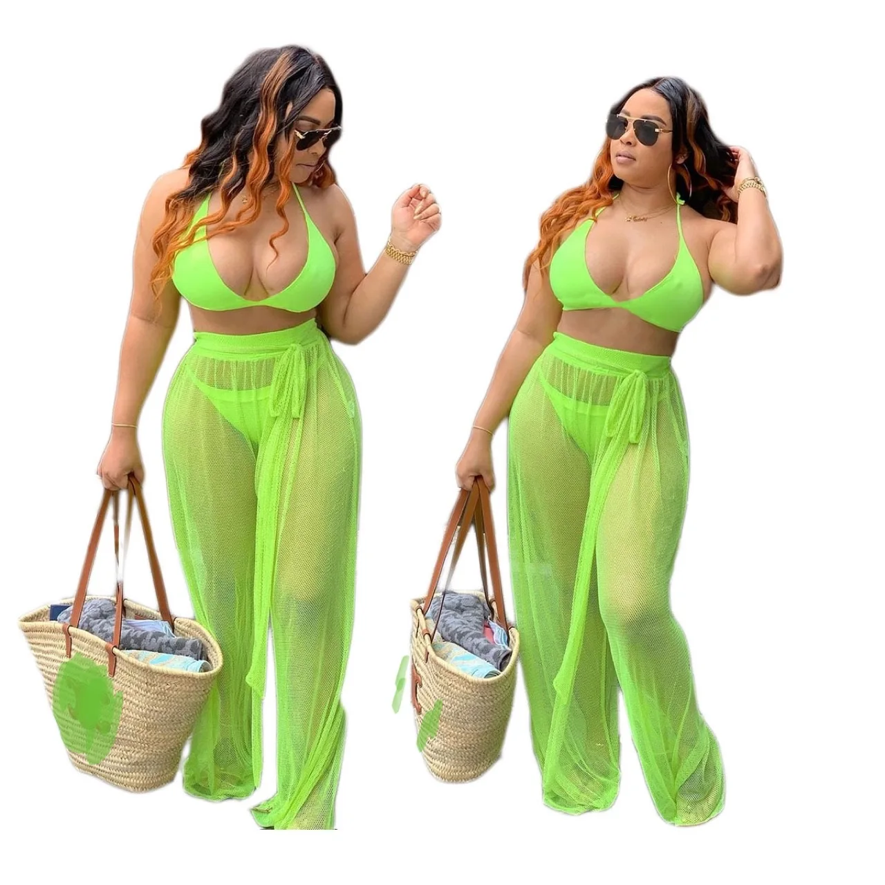 Summer Pure Color Three Piece Swimsuits Green Halter Lace Up Bikini Set With Wide Leg Pant Beach Wear -SM
Summer Pure Color Three Piece Swimsuits Green Halter Lace Up Bikini Set With Wide Leg Pant Beach Wear -SM