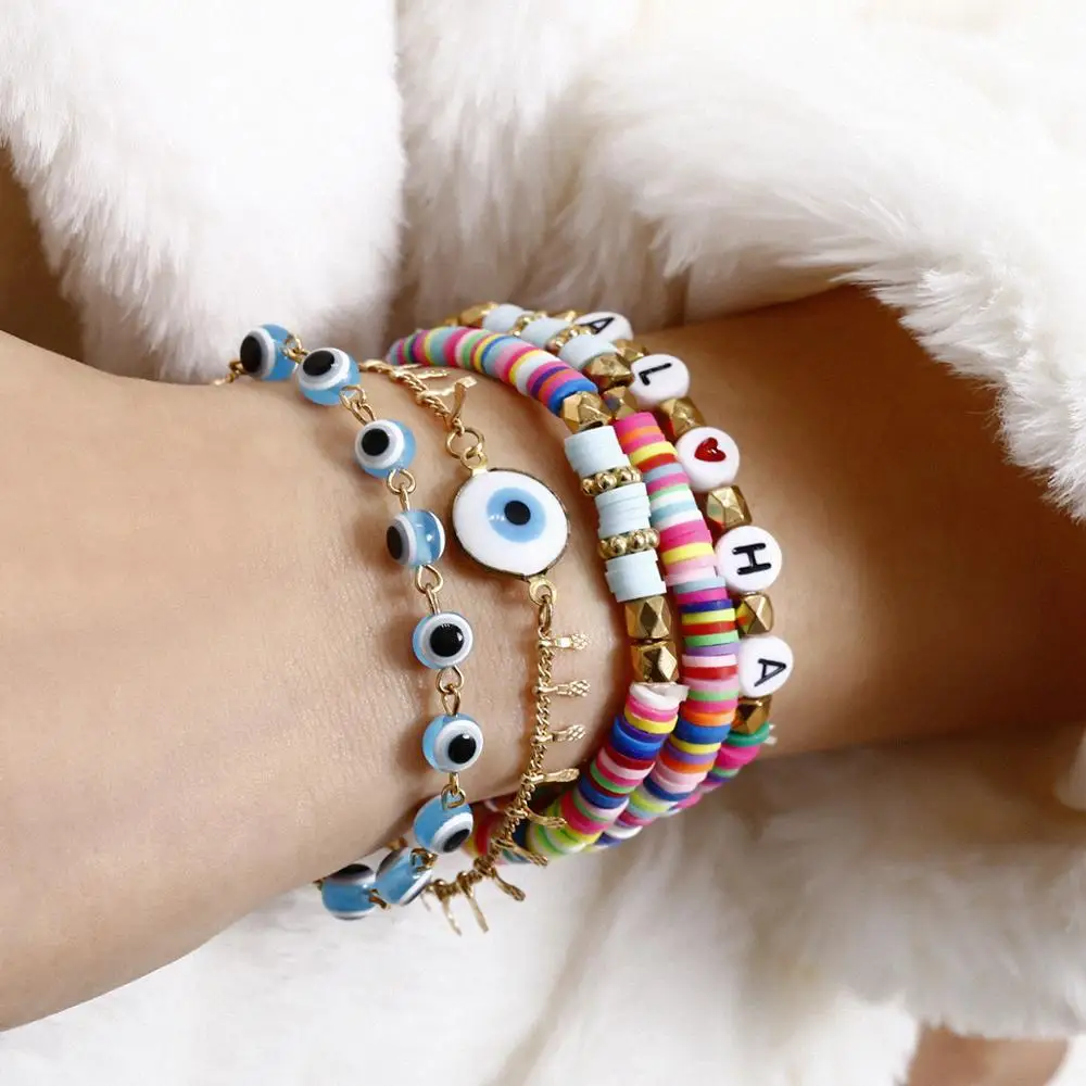 2021 new High quality national style beads acrylic bracelet color character soft pottery shards beads evil eye bracelet, As picture 
2021 new High quality national style beads acrylic bracelet color character soft pottery shards beads evil eye bracelet, As picture