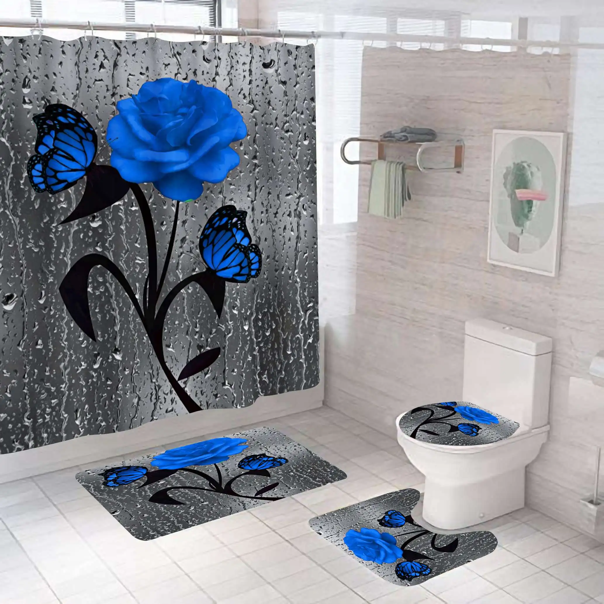 Wholesale 3d digital print modern blue flower waterproof bathroom sets shower curtain set 4 pcs for home used
Wholesale 3d digital print modern blue flower waterproof bathroom sets shower curtain set 4 pcs for home used