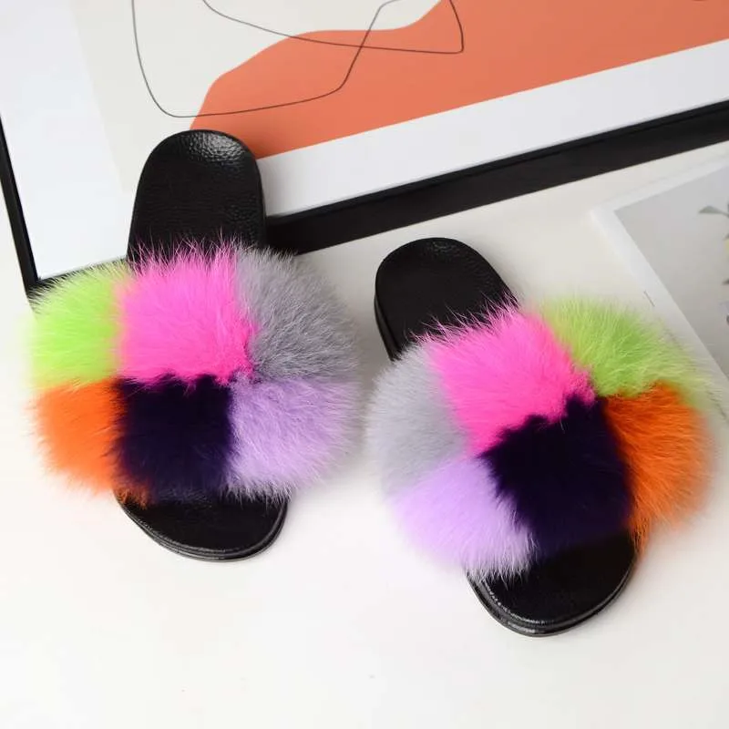 Women and children wearing colorful mixed real fox fur fluffy slippers outsidecustom logo slide sandal
Women and children wearing colorful mixed real fox fur fluffy slippers outsidecustom logo slide sandal