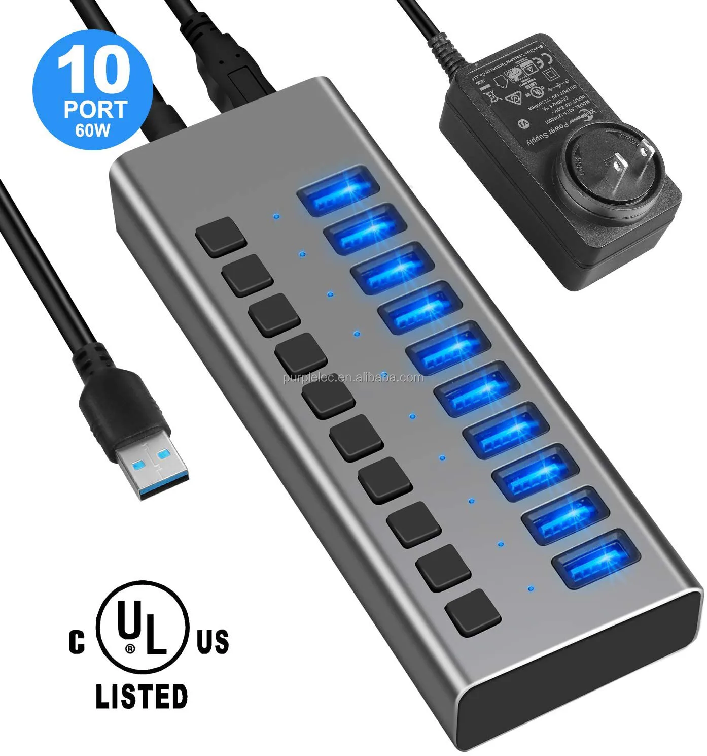 

High Quality Easy and Fast Setup 10 Ports USB Dock Hub USB 3.0 with Individual Power Switches, Black, silver, grey