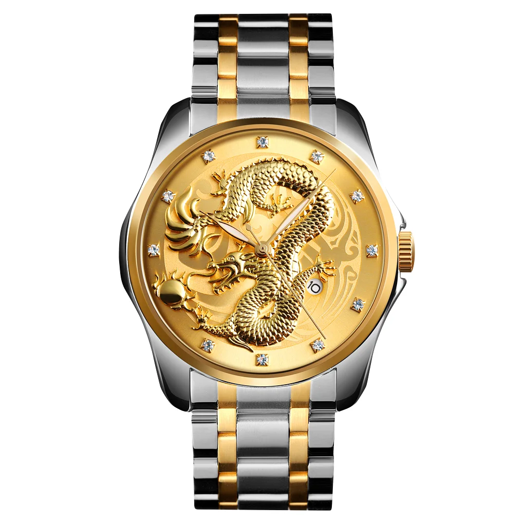 

SKMEI 9193 Charm Dragon Men's Luxury Watches Stainless Steel Japan Quartz Calendar Men Dress Wrist Watch relojes hombre