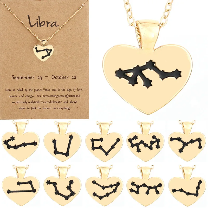 12 Zodiac Necklace w/ Paper Card Vintage Gold Plated Neck Chain Tiny Heart Shape Horoscope Pendant Necklace Clavicle Chain, Picture
12 Zodiac Necklace w/ Paper Card Vintage Gold Plated Neck Chain Tiny Heart Shape Horoscope Pendant Necklace Clavicle Chain, Picture