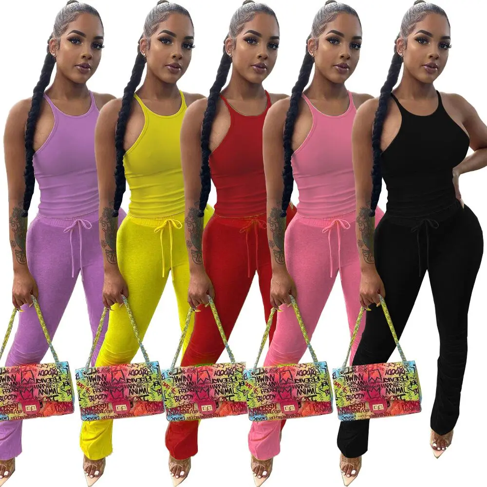 New Arrivals Fashion Women Casual O-Neck Sleeveless Vest Waist Drawstring Stacked Pants 2 Pieces Set, Pink, yellow, red, black, purple
New Arrivals Fashion Women Casual O-Neck Sleeveless Vest Waist Drawstring Stacked Pants 2 Pieces Set, Pink, yellow, red, black, purple
