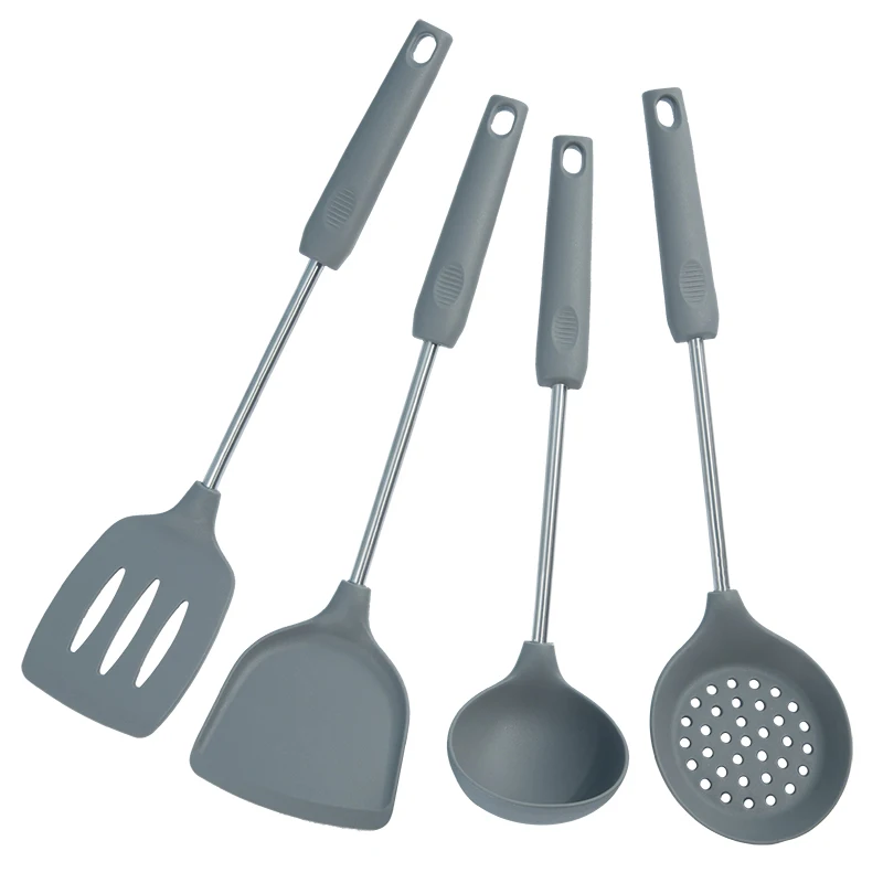 silicone and stainless iron 4-piece Silicone Cooking Kitchen Utensils set fashion red color silicone kitchen set for cooking, Grey 
silicone and stainless iron 4-piece Silicone Cooking Kitchen Utensils set fashion red color silicone kitchen set for cooking, Grey