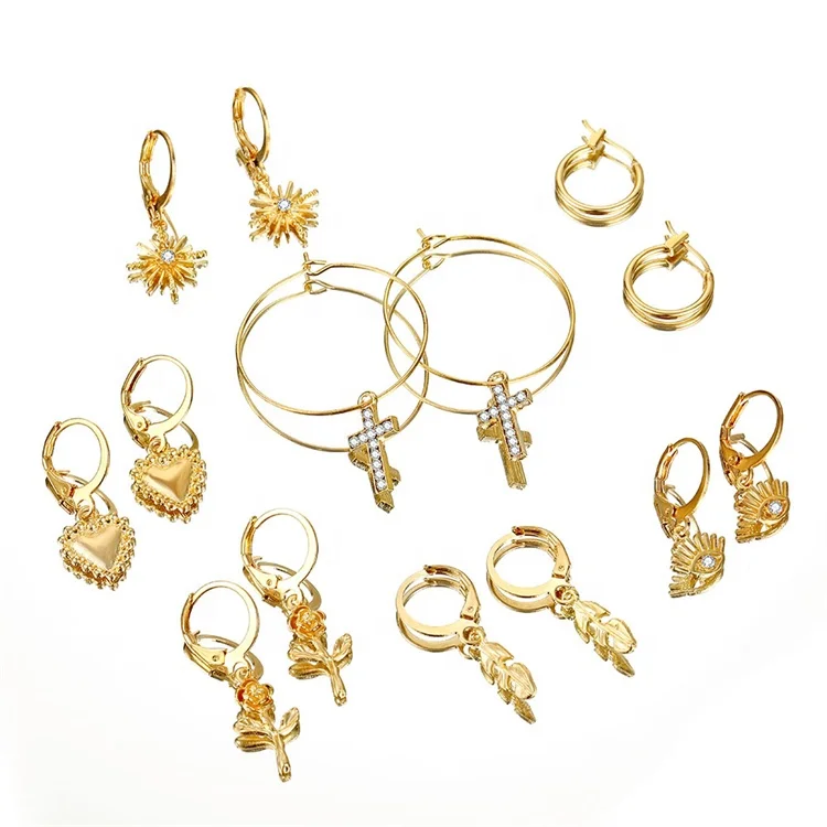 Wholesale Fashion Hoop Gold Earrings Set Mix Circle Heart Leaf Cross Flower Eye Pendant Earrings Female Trendy Jewelry 
Wholesale Fashion Hoop Gold Earrings Set Mix Circle Heart Leaf Cross Flower Eye Pendant Earrings Female Trendy Jewelry