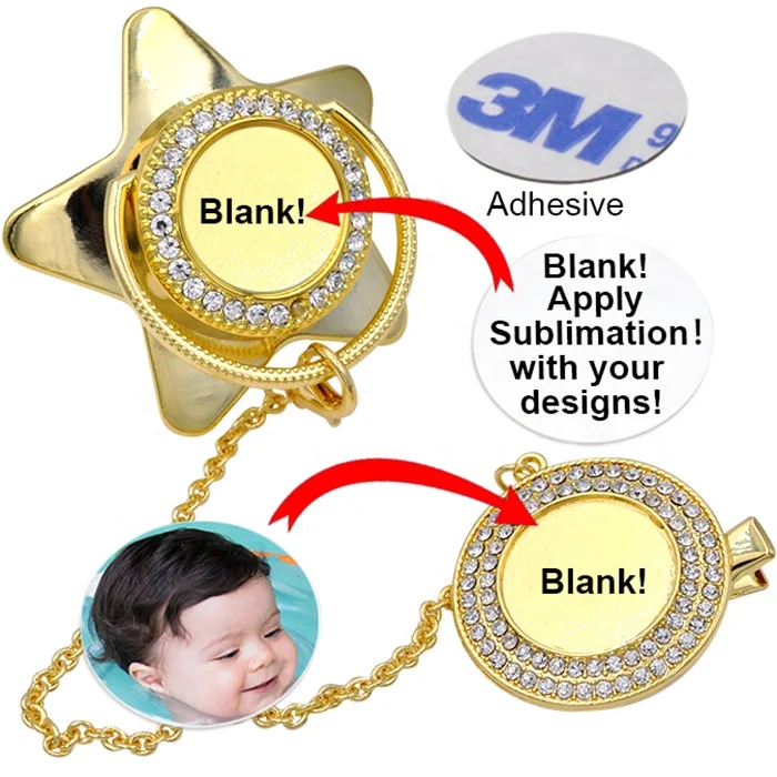 Personalized gold star pacifier custom picture bling sublimation pacifier with clip