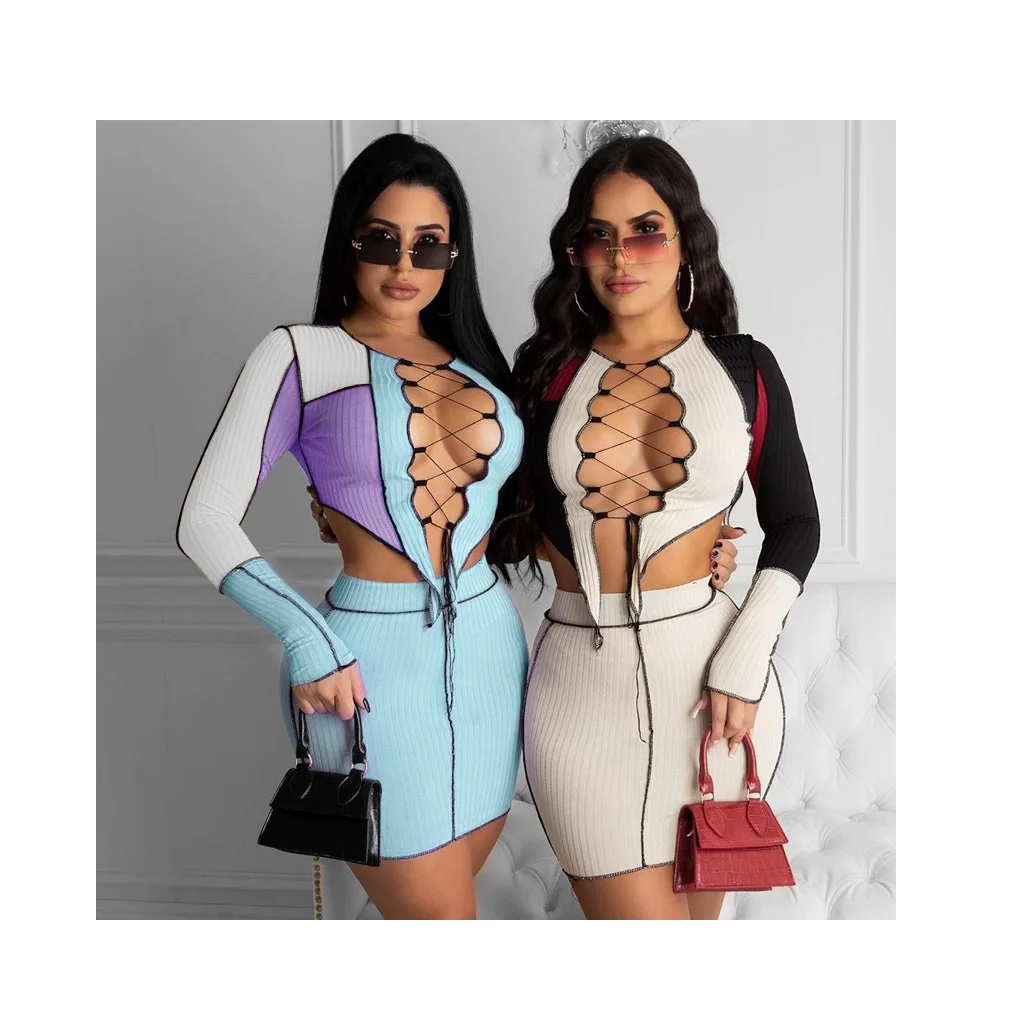 2021 Women Sexy Bandage Patchwork Long Sleeve Ribbed Top Bra and Skirt Bodycon Club Party Women Clothing Two Piece Skirt Set, Picture color
2021 Women Sexy Bandage Patchwork Long Sleeve Ribbed Top Bra and Skirt Bodycon Club Party Women Clothing Two Piece Skirt Set, Picture color