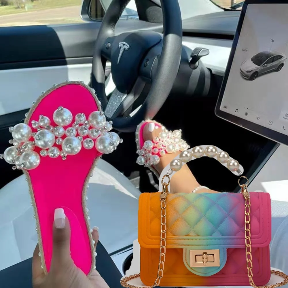 wholesale Pearl slippers flat slides candy jelly purse and slides matching shoes sandals purses and handbags sets for women, 4 color
wholesale Pearl slippers flat slides candy jelly purse and slides matching shoes sandals purses and handbags sets for women, 4 color