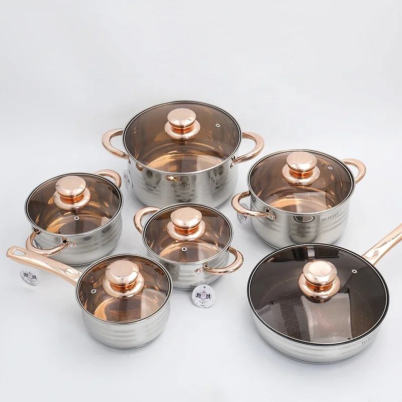 German quality kitchen 12pcs pots for Cooking Set Stainless Steel Cookware Sets with Brown glass lid, Stainless steel color
German quality kitchen 12pcs pots for Cooking Set Stainless Steel Cookware Sets with Brown glass lid, Stainless steel color