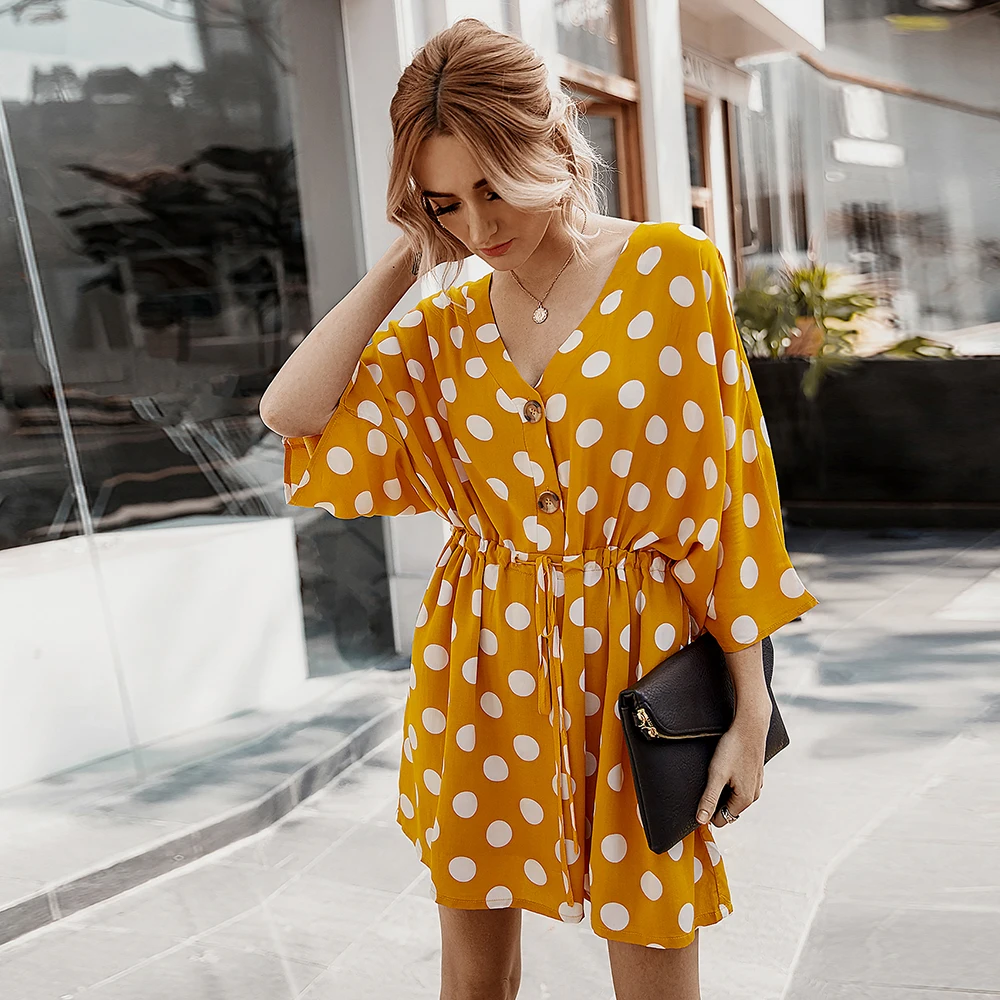Summer fashion female clothes 3/4 sleeves v-neck point printing dresses casual women dot printed mini dress with buttons, Customized
Summer fashion female clothes 3/4 sleeves v-neck point printing dresses casual women dot printed mini dress with buttons, Customized
