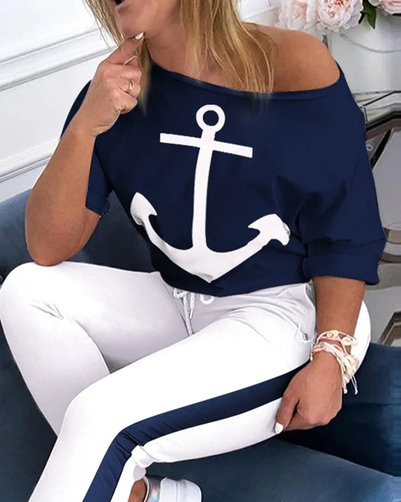 Cross border wish European and American women's two-piece short sleeve T-shirt navy sport suit anchor printed two-piece set, Shown
Cross border wish European and American women's two-piece short sleeve T-shirt navy sport suit anchor printed two-piece set, Shown