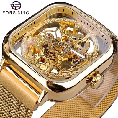 

Forsining Men Mechanical Watches Automatic Self-Wind Gold watch Transparent Fashion Mesh Steel Wristwatch Skeleton Luxury Watch