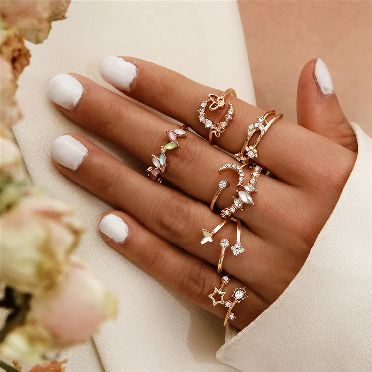 Sweet And Simple Butterfly Flower Diamond Color Moon Star Five-Pointed Star Seven-Piece Ring Set, Picture shows
Sweet And Simple Butterfly Flower Diamond Color Moon Star Five-Pointed Star Seven-Piece Ring Set, Picture shows